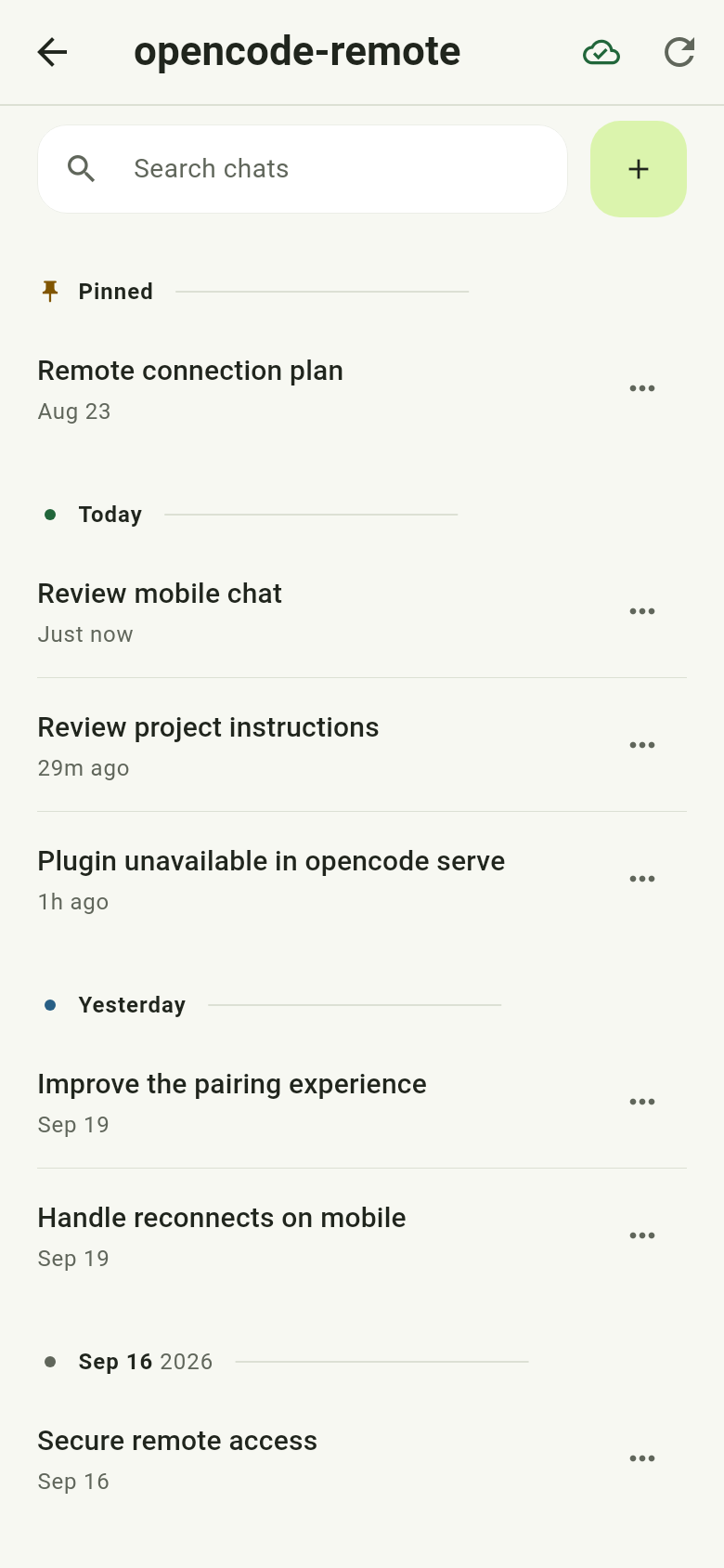 Chat list for a project, grouped into pinned, today, and yesterday